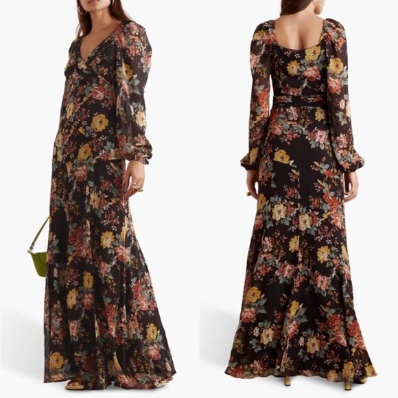 Veronica Beard "Avani" Floral Silk Chiffon Puff Sleeve Maxi Dress NWT $898